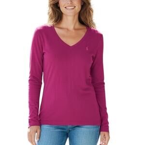 RALPH LAUREN Sport Pima Cotton V-Neck Long Sleeve Tee Size Medium Fuchsia